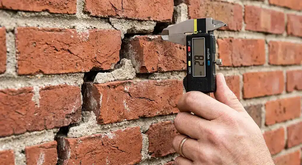 inżynier mierzący pęknięcie schodkowe