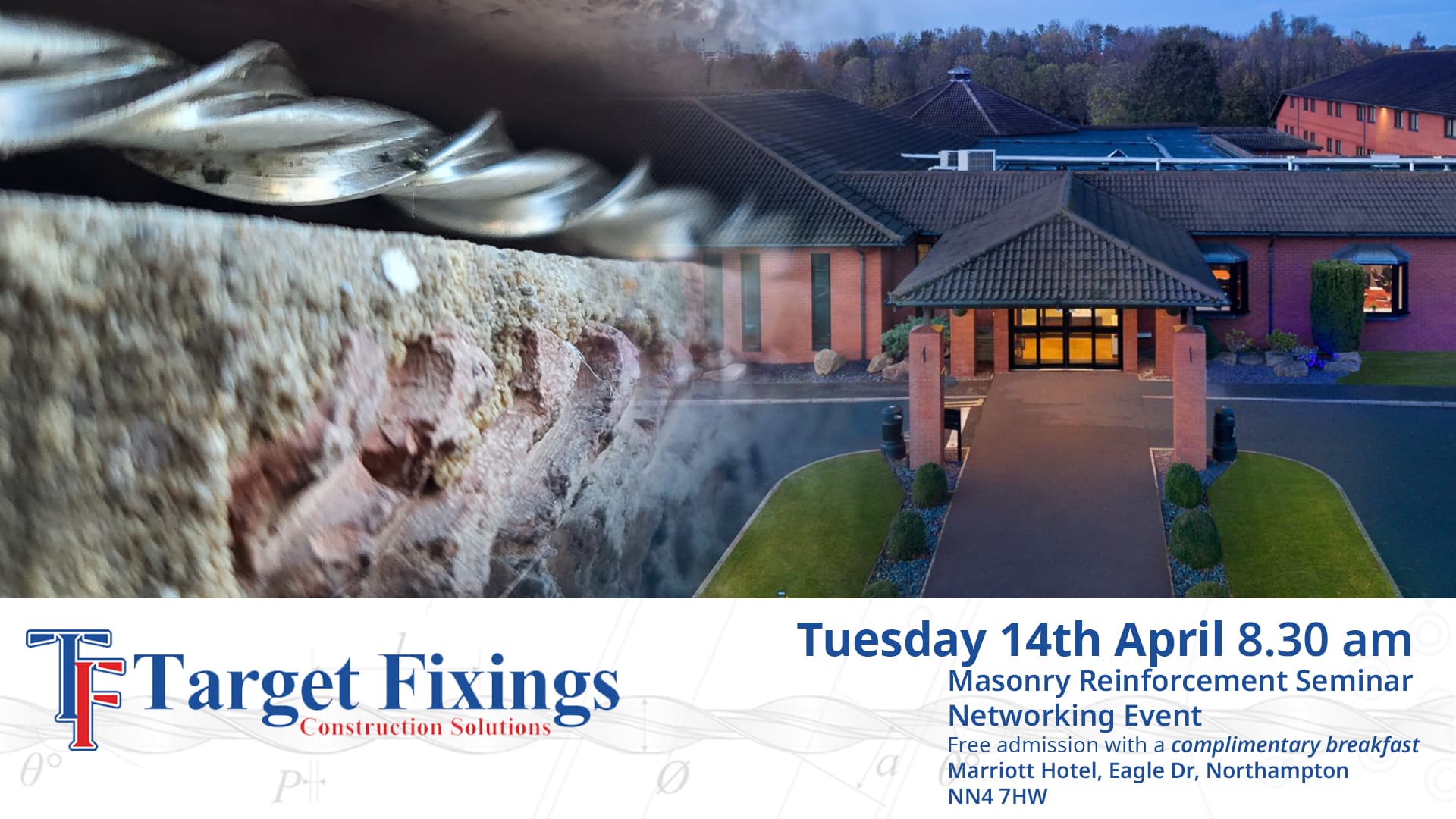 Target Fixings Masonry Reinforcement CPD event banner for April 14th 2026 at the Marriott Hotel Northampton